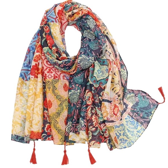 🌸Back in Stock!! Whimsical Boho Lightweight Scarf Multicolored Tassels - Picture 2 of 6